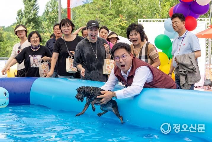 댕댕이 물놀이장에서 반려견과 시간을 보내는 박강수 마포구청장